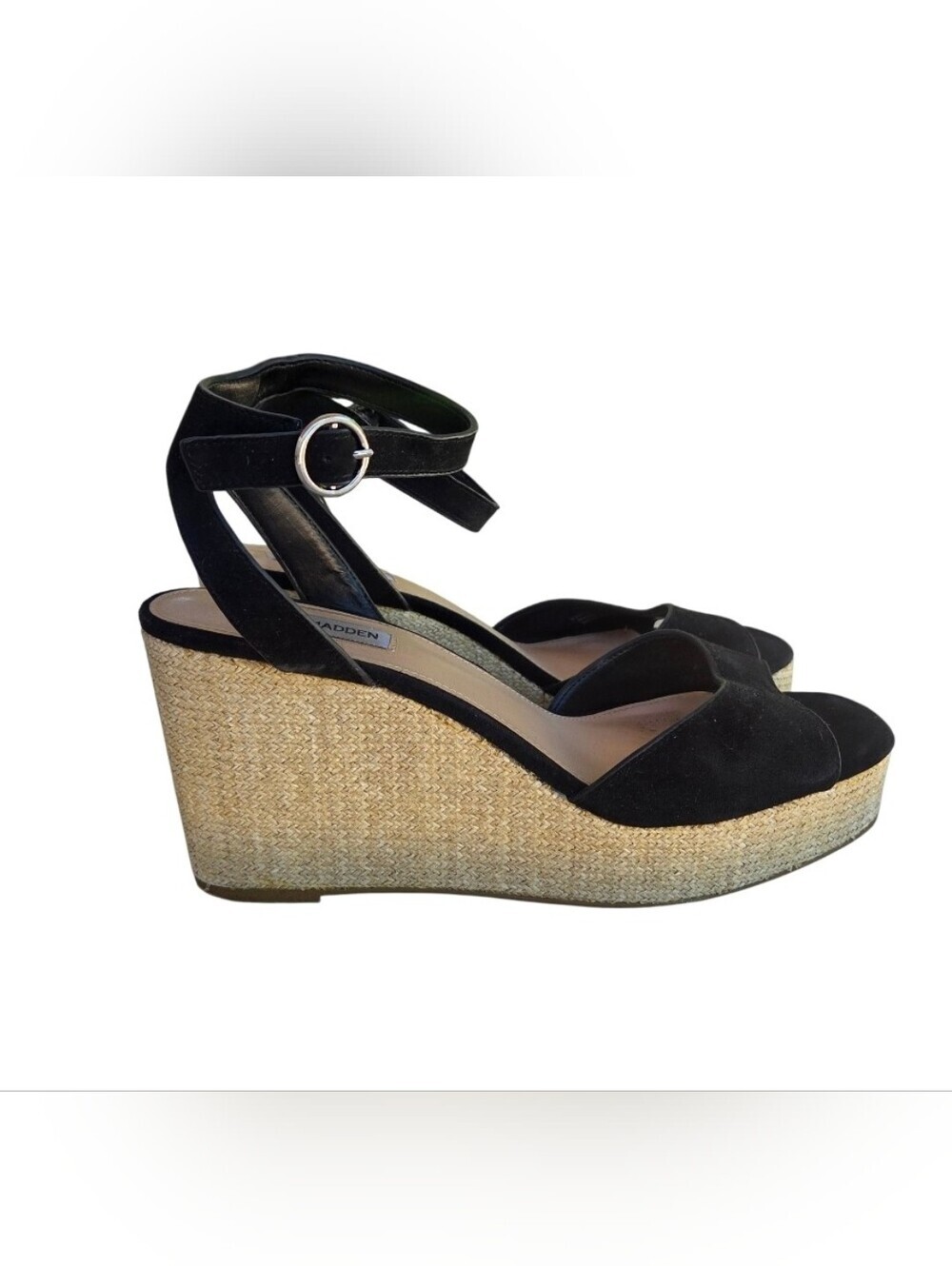 Steve Madden Binx Black Suede Wedge Ankle Strap Sandals Size 11